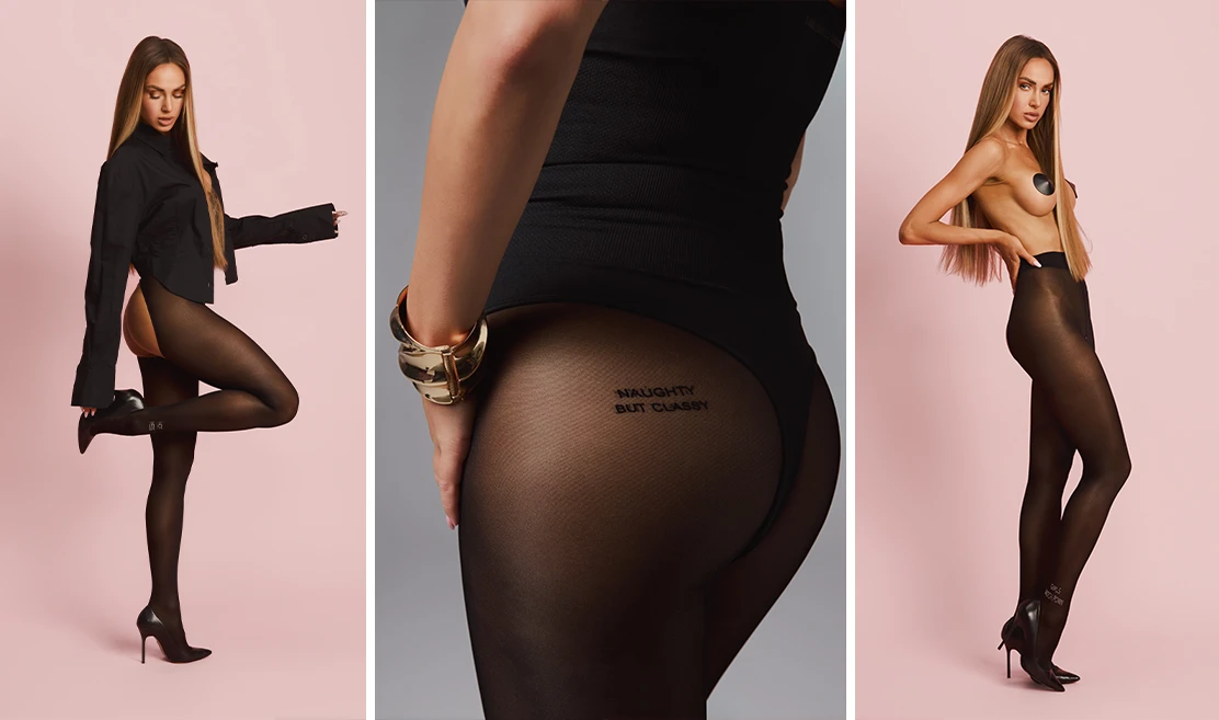 Kolaż 3 zdjęć: modelka w czarnej koszuli i rajstopach z napisem z kryształków nad kostką, zbliżenie na modelkę w czarnych rajstopach z napisem w okolicach pośladka, cało postaciowe zdjęcie modelki w czarnych nasutnikach i rajstopach z napisem nad kostką