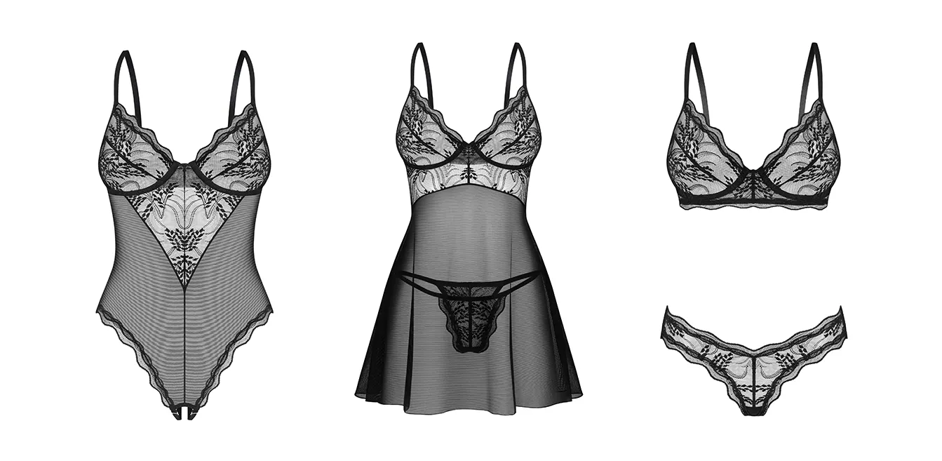 Kolaż trzech zdjęć z różnymi modelami bielizny: body z otwartym krokiem, prześwitująca babydoll i komplet dwuczęściowy