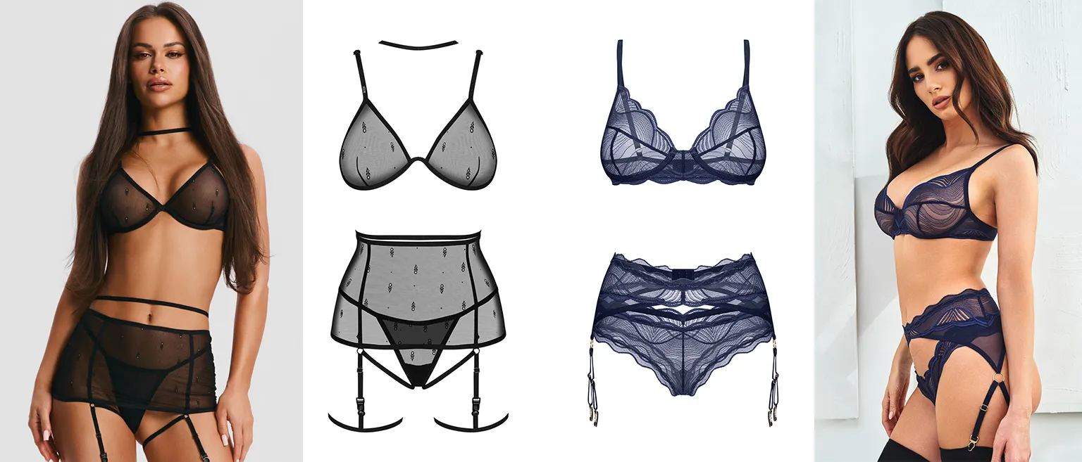 Kolaż czterech zdjęć: modelka w komplecie bielizny, zdobionym logo Obsessive: biustonosz z chokerem, pas, stringi i podwiązki, obok zdjęcie kompletu, zdjęcie kompletu z niebieskiej koronki: biustonosz, pas, figi oraz zdjęcie modelki w niebieskim komplecie
