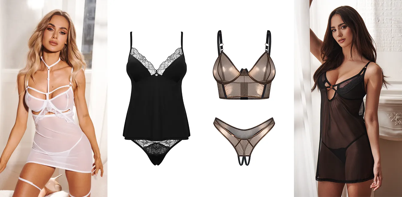 Kolaż zdjęć modelek i samych produktów: modelka w białej, prześwitującej koszulce nocnej, czarny top i figi, połyskujący, miedziany top i stringi, modelka w czarnej prześwitującej koszulce nocnej.