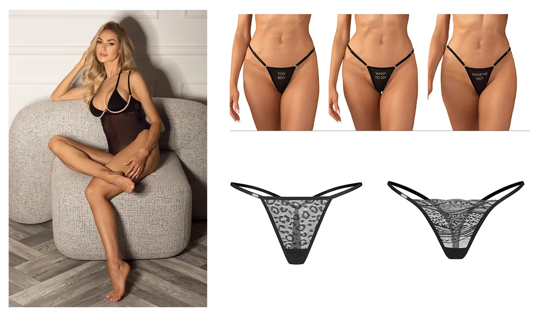 Zdjęcie modelki w czarnym prześwitującym body z różową lamówką obok zdjęcie kilku modeli stringów z napisami z kryształków.