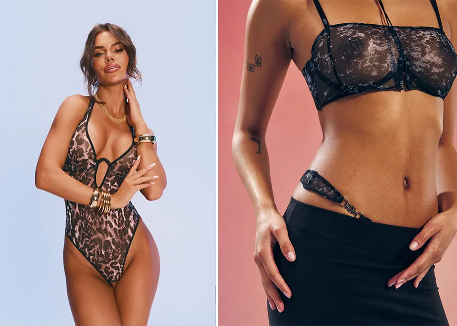 Zdjęcia dwóch modelek. Po prawej zbliżenie na modelkę od pasa w górę w biustonoszu z chokerem. Po lewej modelka w bodach w panterkę.