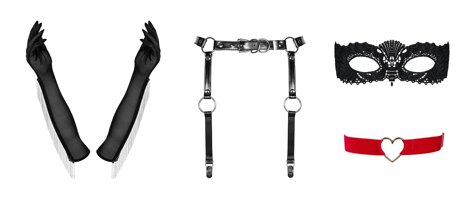 Zdjęcie dodatków: czarne rękawiczki, czerwona podwiązka, uprząż na pas i biodra oraz koronkowa maska