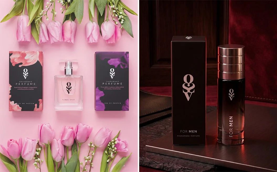 Zdjęcie typu flat lay: trzy zapachy perfum Obsessive oraz różowych róż na różowym tle, obok zdjęcie perfum męskich na ciemnym tle