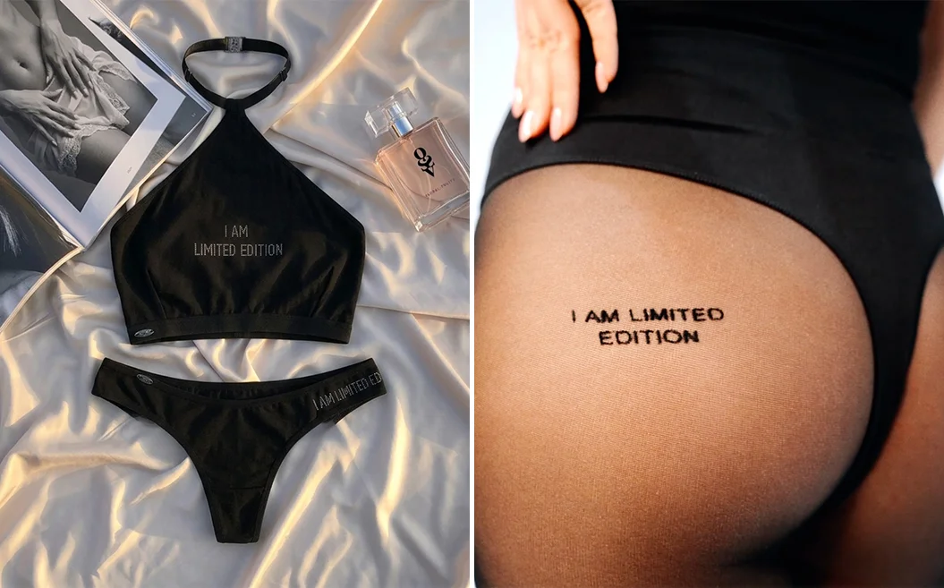 Zdjęcie typu flat lay: czarny top i stringi z napisami "I AM LIMITED EDITION" obok zbliżenie na rajstopy z napisem "I AM LIMITED EDITION" na pośladku.