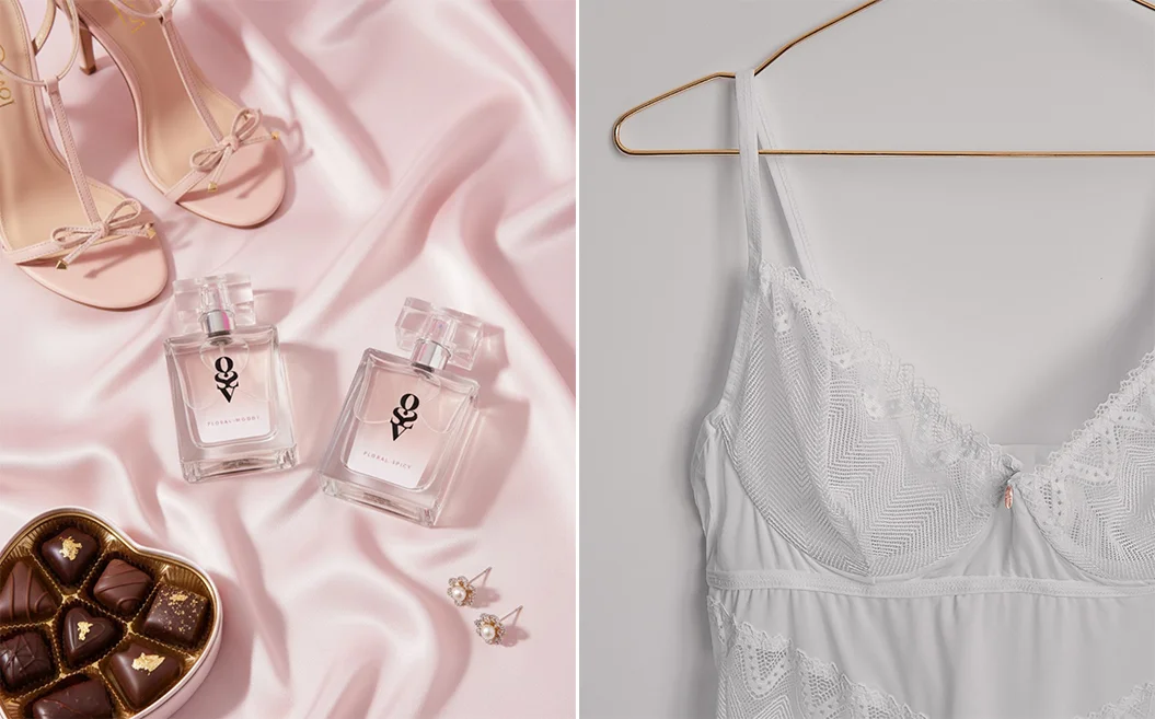 Zdjęcia typu flat lay: dwa flakony perfum Obsessive, pudełko z czekoladkami, beżowe sandały na obcasie oraz kolczyki na satynowym, różowym tle, obok biała koszulka nocna na złotym wieszaku