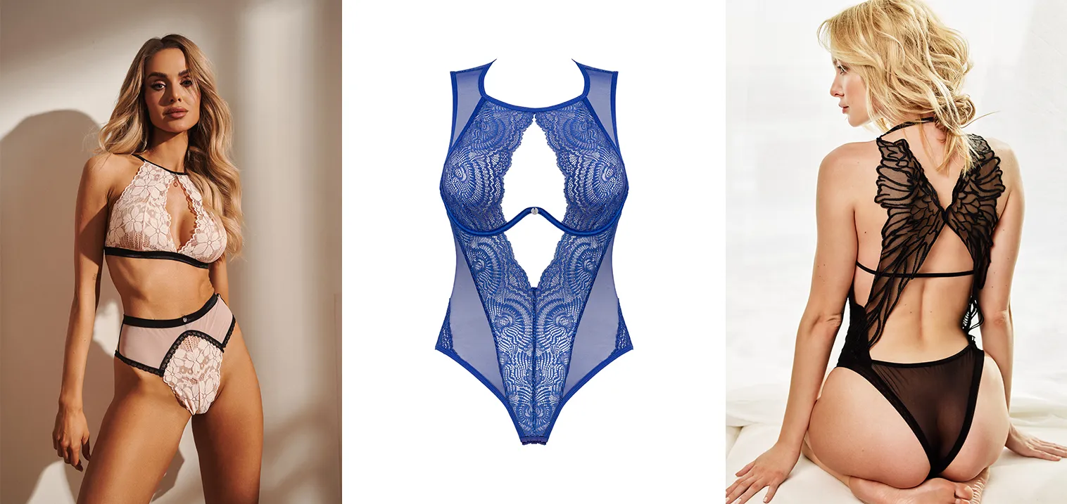 Kolaż przedstawiający modelkę w różowym komplecie, niebieskie body oraz modelkę w czarnych bodach z wzorem w kształcie skrzydeł na plecach