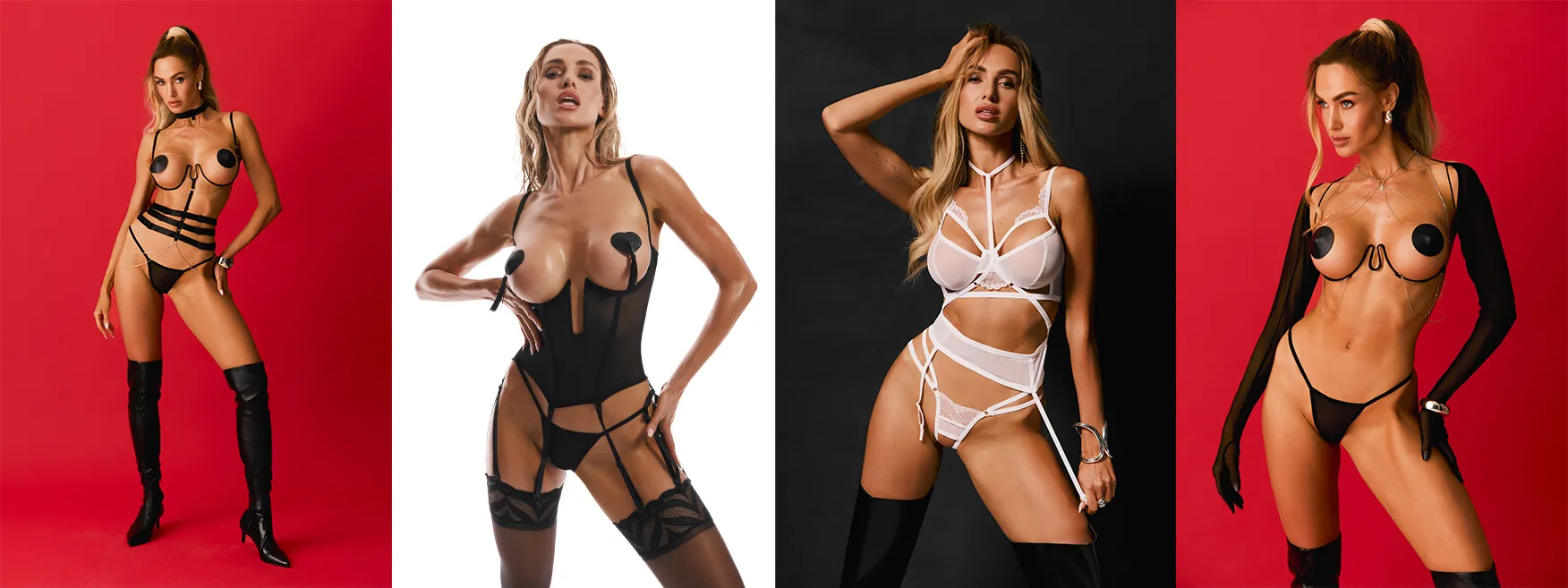 Kolaż 4 zdjęć z modelką w odważnych modelach bielizny z linii Obsessive Premium