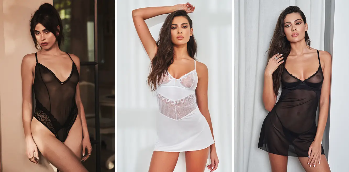 Kolaż trzech zdjęć, od lewej: modelka w czarnym, prześwitującym body, modelka w białej, kryjącej koszulce z koronkowymi wstawkami oraz modelka w czarne, prześwitującej koszulce i stringach.
