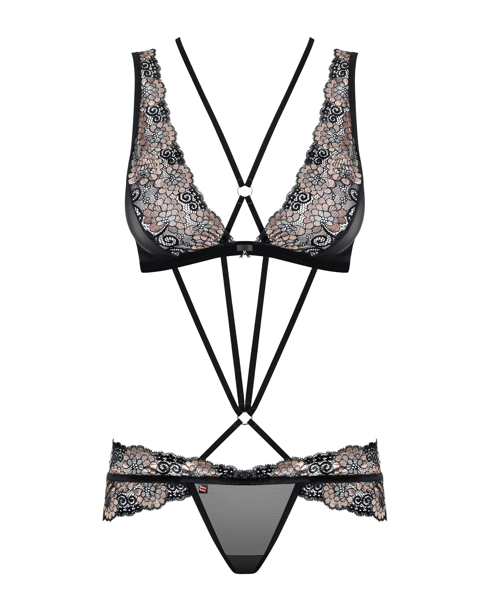 Komplet wykończony złotą, kwiatową koronką z odczepianymi paskami między biustonoszem, a figami