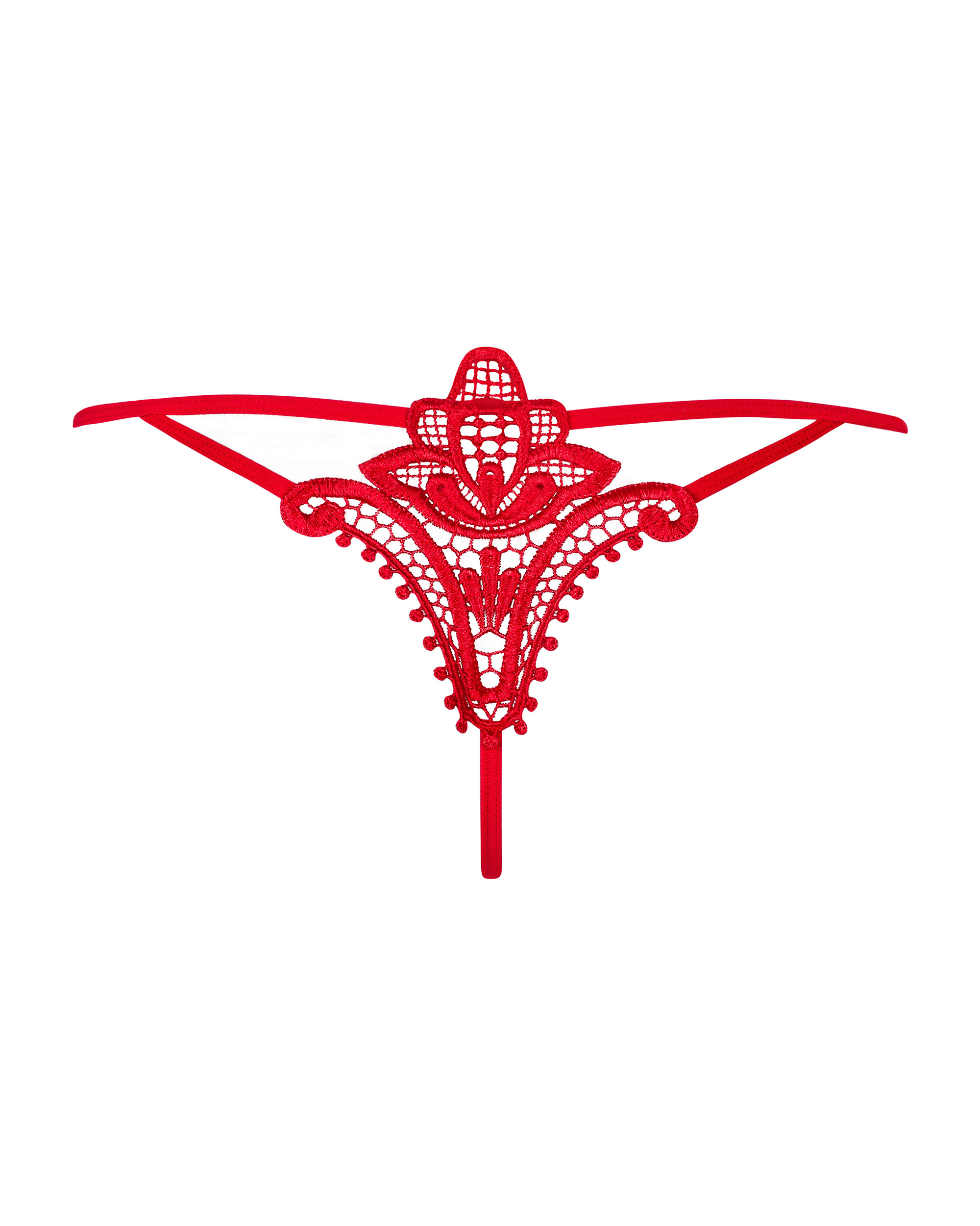 Czerwone stringi z gipiurową ozdobą z tyłu