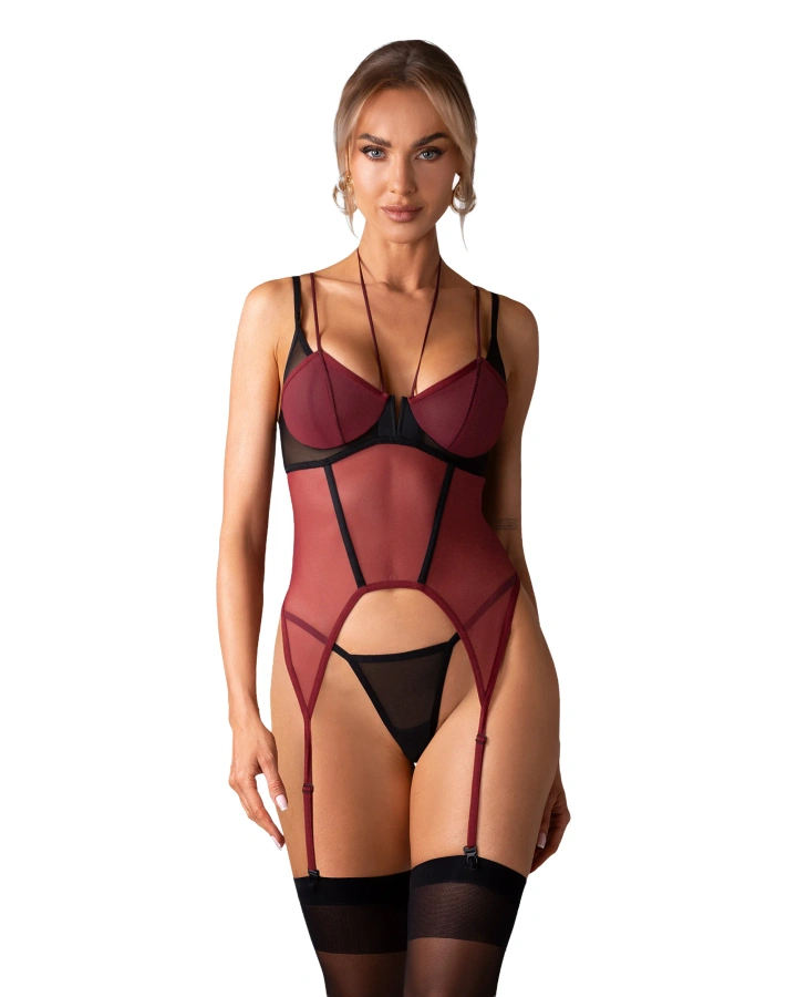 Bordowy gorset z podwójnymi ramiączkami i stringi