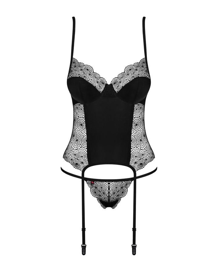 Czarny koronkowy gorset ze stringami i paskami do pończoch