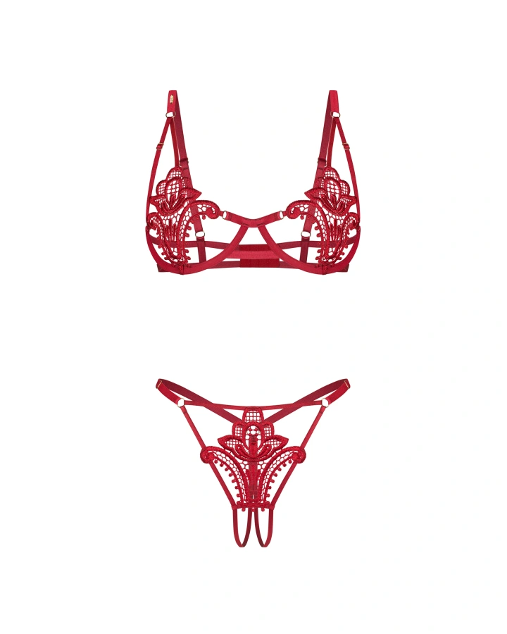 Czerwony biustonosz z fiszbinami i otwarte stringi