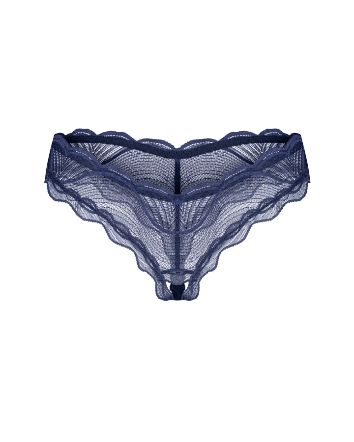 Niebieskie, koronkowe stringi z otwartym krokiem