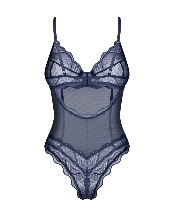 Niebieskie, otwarte body z koronki