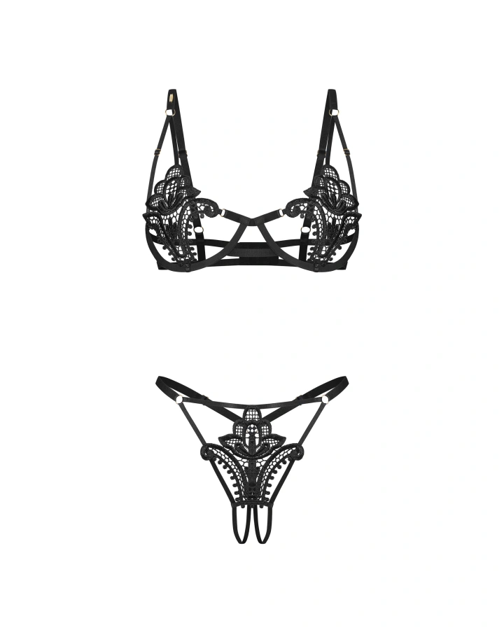 Czarny, koronkowy komplet: biustonosz i otwarte stringi
