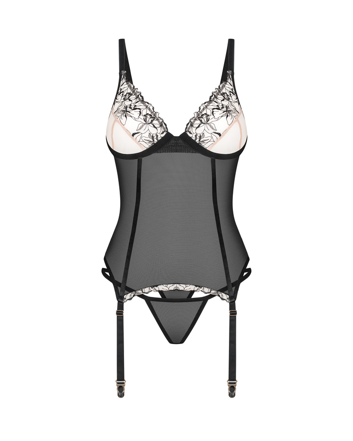 Gorset zdobiony kwiatowym haftem i stringi