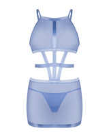 Niebieska, prześwitująca sukienka i stringi