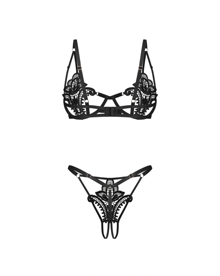 Czarny, koronkowy komplet: biustonosz i otwarte stringi