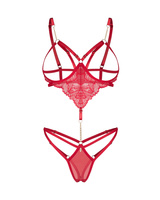 Czerwone body z odkrytym biustem i otwartym krokiem