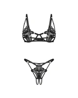 Czarny, koronkowy komplet: biustonosz i otwarte stringi