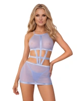 Niebieska, prześwitująca sukienka i stringi