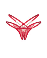 Otwarte, czerwone stringi ze złotymi łańcuszkami