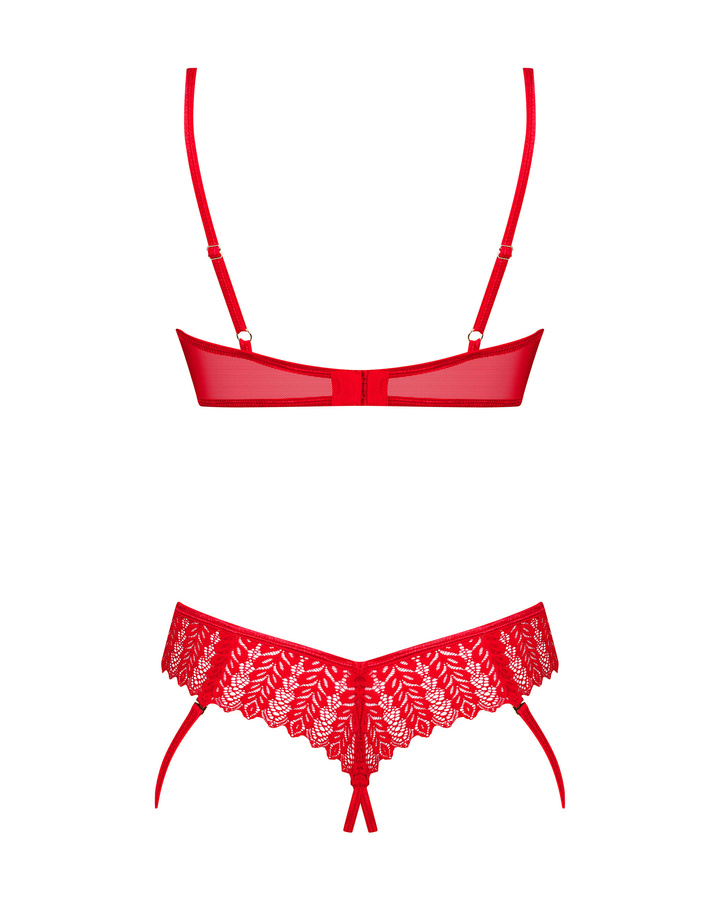 Czerwony komplet otwarty biustonosz i stringi z paseczkami