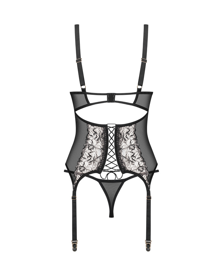 Gorset zdobiony kwiatowym haftem i stringi