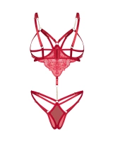 Czerwone body z odkrytym biustem i otwartym krokiem