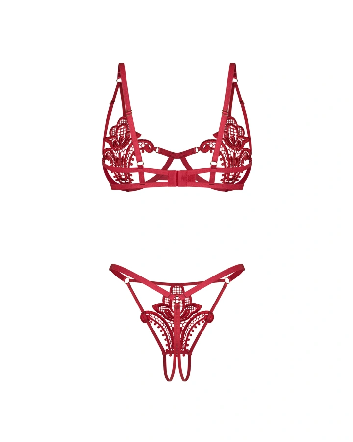 Czerwony biustonosz z fiszbinami i otwarte stringi