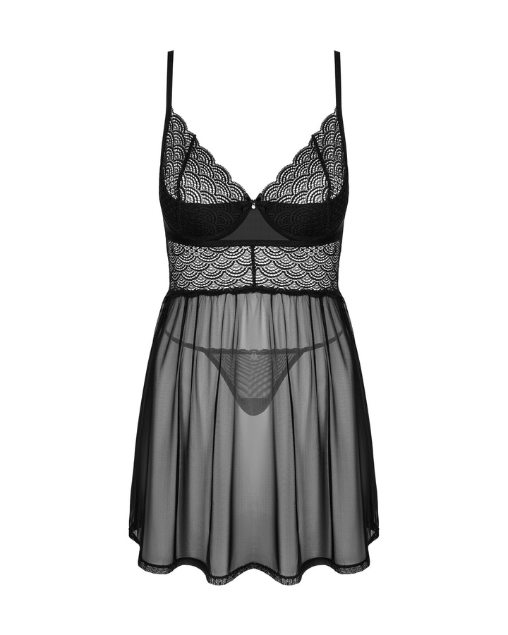 Czarna, prześwitująca babydoll i stringi
