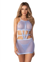 Niebieska, prześwitująca sukienka i stringi