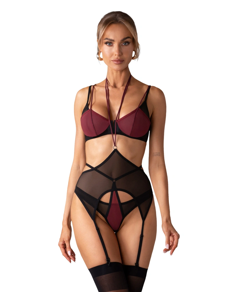 Czarno-bordowy komplet z pasem